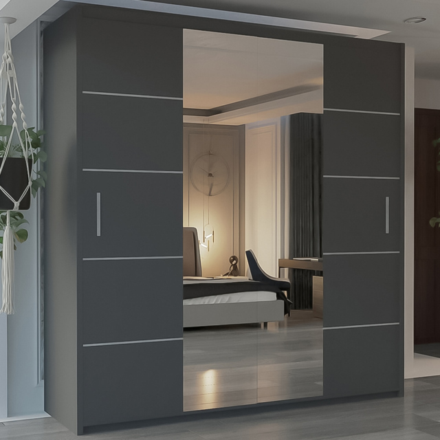 M N Furniture Osaka 2 Door Grey Mirrored Panel Sliding Wardrobe 120cm - image 1