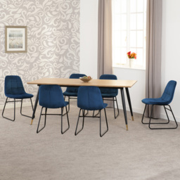 Seconique Hamilton Lukas Oak Effect Velvet 6 Seater Dining Table Set Sapphire Blue