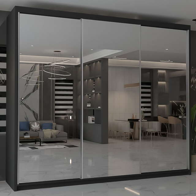 M N Furniture Modern Gala 3 Door Black Mirrored Sliding Wardrobe 250cm - image 1