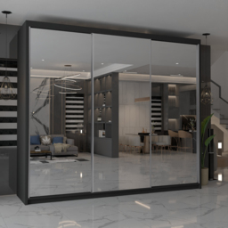 M N Furniture Modern Gala 3 Door Black Mirrored Sliding Wardrobe 250cm - thumbnail 3