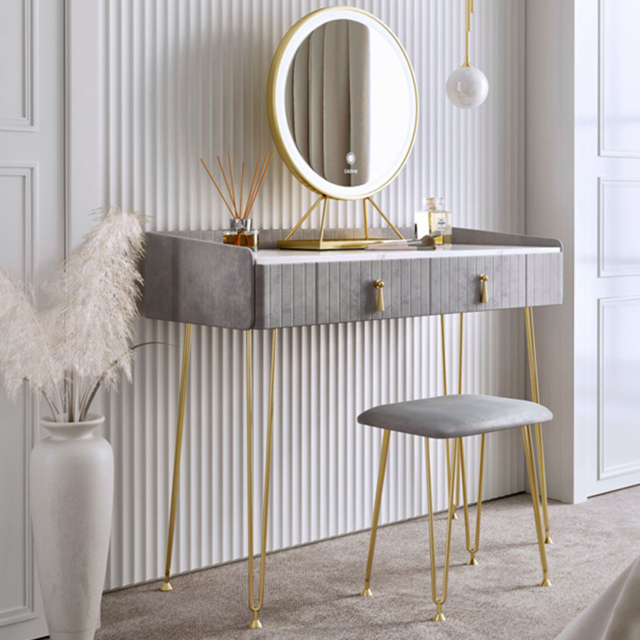 CARME Home Tokyo Glow Grey 2 Drawer Velvet LED Mirror Dressing Table with Stool - image 1