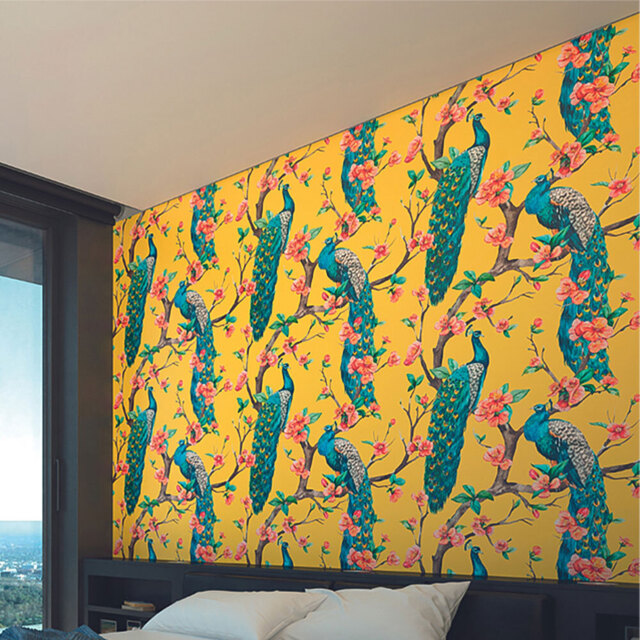 Origin Murals Flowery Peacocks Yellow Wall Mural - image 1