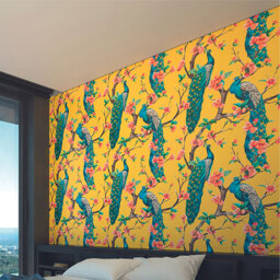 Origin Murals Flowery Peacocks Yellow Wall Mural - thumbnail 1
