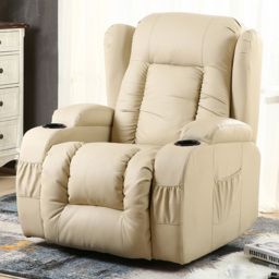 Furniture Online Caesar Bonded Leather Cream Automatic Recliner Electric Heat and Massage Chair