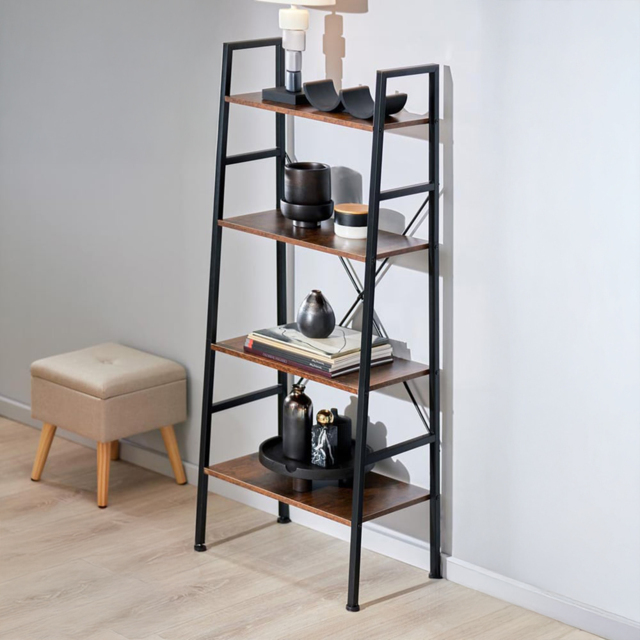 tectake Newcastle 4 Tier Dark Wood Rustic Ladder Shelf - image 1