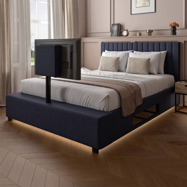 XR Living Maisie Navy Blue Double Velvet Ottoman TV Bed with LED Under Frame - image 1