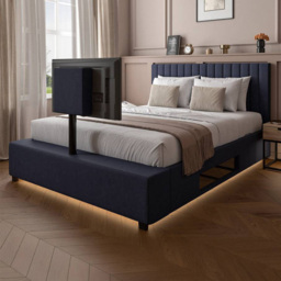 XR Living Maisie Navy Blue Double Velvet Ottoman TV Bed with LED Under Frame