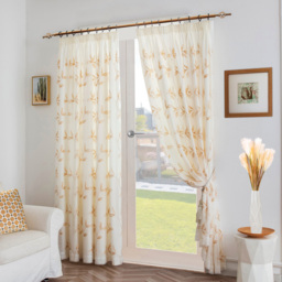 Alan Symonds Leaf Embroidered Pencil Pleat Tulle Voile Curtains Gold 147 x 183cm