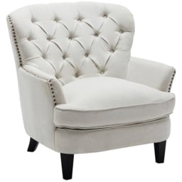 Living and Home White Button Back Linen Armchair with Wooden Legs - thumbnail 2