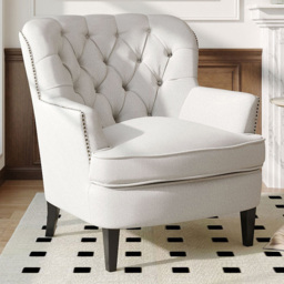 Living and Home White Button Back Linen Armchair with Wooden Legs