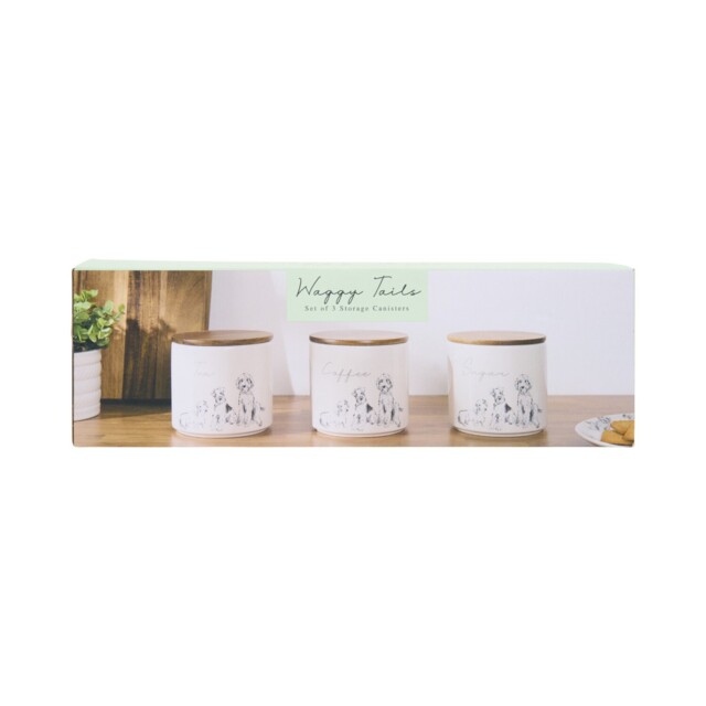 Set of 3 Waggy Tails Canisters with Acacia Lids White - image 1