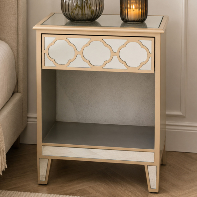 Premier Housewares Grazia Gold Finish Single Drawer Single Shelf Mirrored Top Side Table - image 1