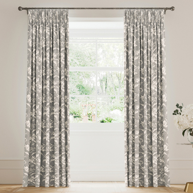V&A Daffodil Dreams Grey Blackout Lined Pencil Pleat Curtains 229 x 137cm - image 1