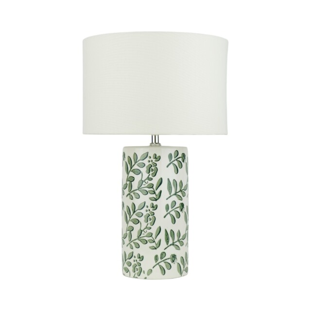 White Fabric Shade Green Botanical Ceramic Table Lamp - image 1