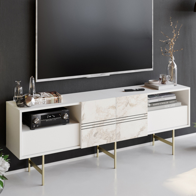 Decorotika Derin White Marble Effect and Gold 4 Door 2 Shelf TV Unit - image 1