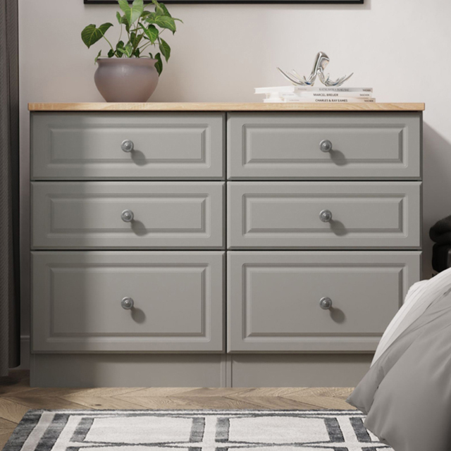 Crowndale Norfolk Dusk Grey and Bardolino Oak 6 Drawer Wide Chest of Drawers Ready Assembled - image 1