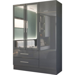 M N Furniture Glossera 3 Door 2 Drawer Grey High Gloss Mirrored Wardrobe 116cm - thumbnail 2