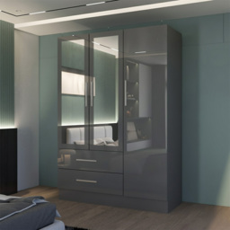 M N Furniture Glossera 3 Door 2 Drawer Grey High Gloss Mirrored Wardrobe 116cm - thumbnail 4