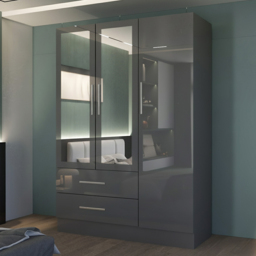 M N Furniture Glossera 3 Door 2 Drawer Grey High Gloss Mirrored Wardrobe 116cm