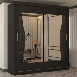 M N Furniture Banton 2 Door Black Curved Mirrored Sliding Wardrobe 203cm
