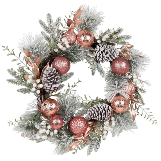 Frosted Green Dusky Rose Bauble Christmas Wreath 61cm - image 1