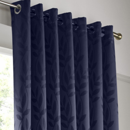 Alan Symonds Dupion Leaf Jacquard Ring Top Eyelet Curtains Navy Blue 117 x 229cm - thumbnail 2