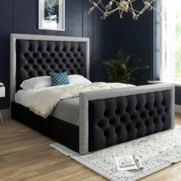 Venice Single Black Soft Velvet Upholstered Bed Frame with Glitter Border Headboard