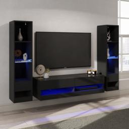 GFW Galicia 10 Shelf Black Wall Mounted LED Full Media Set