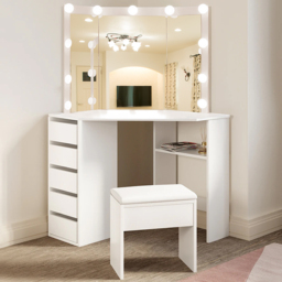 Portland 5 Drawer White Corner Dressing Table Set with LED Mirror