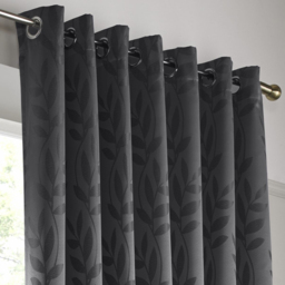 Alan Symonds Dupion Leaf Jacquard Ring Top Eyelet Curtains Charcoal 117 x 183cm - thumbnail 2