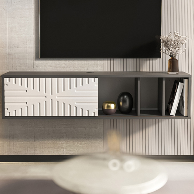 Decorotika Teo Traverter and Walnut 2 Shelf and 2 Cabinet Floating TV Stand - image 1