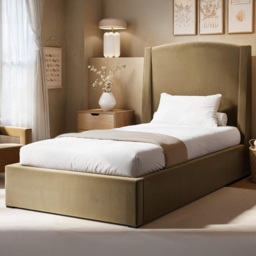 SOLACE+CO Blaine Sand Single Velvet Ottoman Bed with Winged Headboard