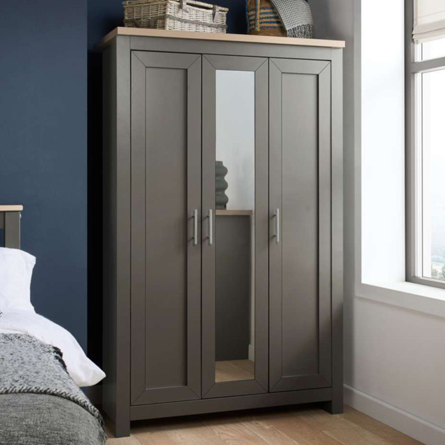 Birlea Highgate 3 Door Dark Grey and Oak Mirrored Wardrobe - image 1