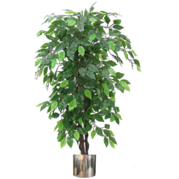 Leaf Green Bushy Ficus Leaf Artificial Plant with Silver Metal Planter 120cm - thumbnail 1