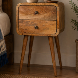 Artisan Furniture Oak Brown 2 Drawer Solid Wood Mini Curved Bedside