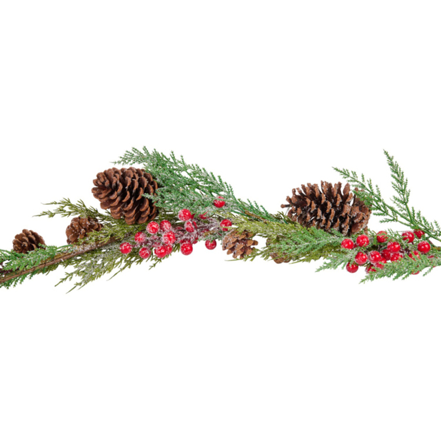 Sleigh Bells Ring Frosted Red Berry Pinecone LED Christmas Garland 240cm - image 1