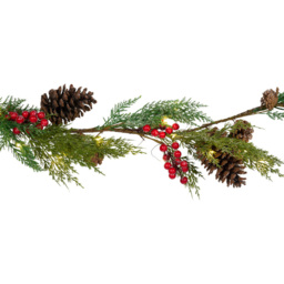 Sleigh Bells Ring Frosted Red Berry Pinecone LED Christmas Garland 240cm - thumbnail 3