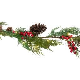 Sleigh Bells Ring Frosted Red Berry Pinecone LED Christmas Garland 240cm - thumbnail 4