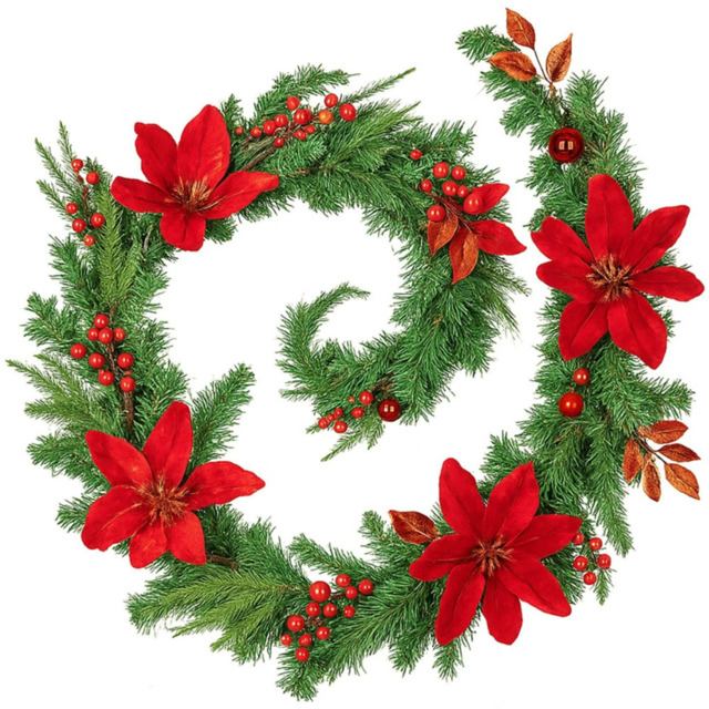 Marco Paul 40 Warm and Bright White LED Burgundy Magnolia Flower Garland with Red Berries 9ft - image 1