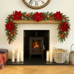 Marco Paul 40 Warm and Bright White LED Burgundy Magnolia Flower Garland with Red Berries 9ft - thumbnail 2