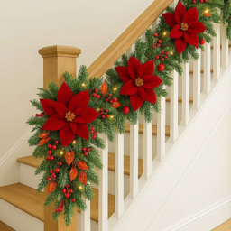 Marco Paul 40 Warm and Bright White LED Burgundy Magnolia Flower Garland with Red Berries 9ft - thumbnail 3