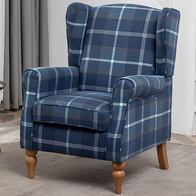 Furniture One Blue Check Fabric Wing Back Fireside Armchair - image 1