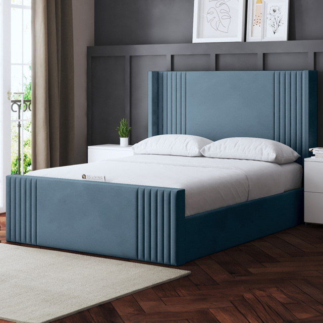 DS Living Elara King Size Blue Winged Panel Bed Frame with Headboard - image 1