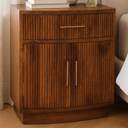 Artisan Furniture Amber Oak 2 Door Single Drawer Ribbed Mango Wood Curved Bedside Table - thumbnail 1