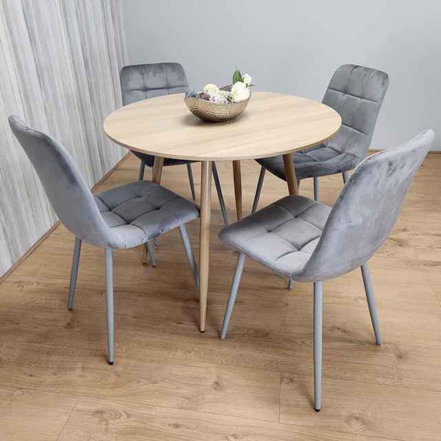 Portland 4 Seater Velvet Round Dining Set Wood Effect and Grey - image 1