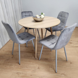 Portland 4 Seater Velvet Round Dining Set Wood Effect and Grey - thumbnail 1
