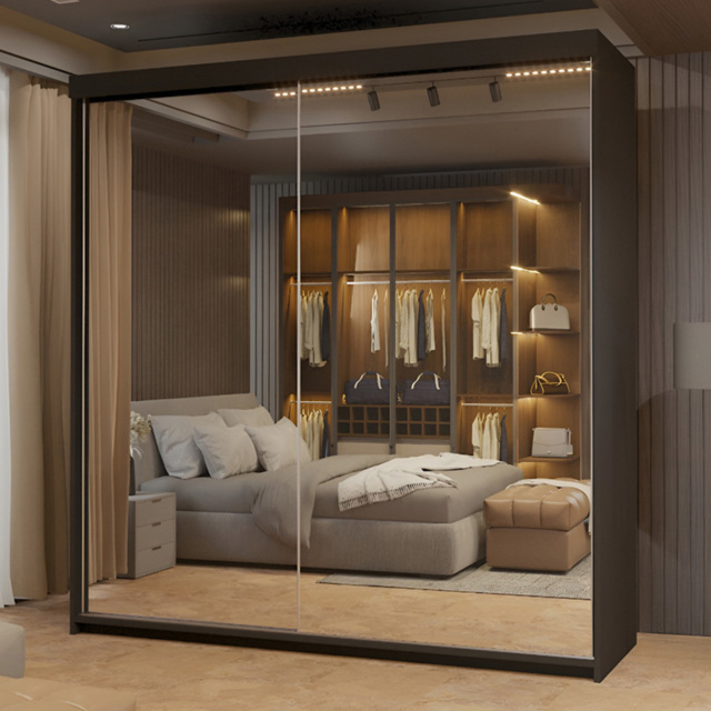 Sliding Wardrobes 4U Queen Black 2 Door Full Length Mirrored Wardrobe - image 1