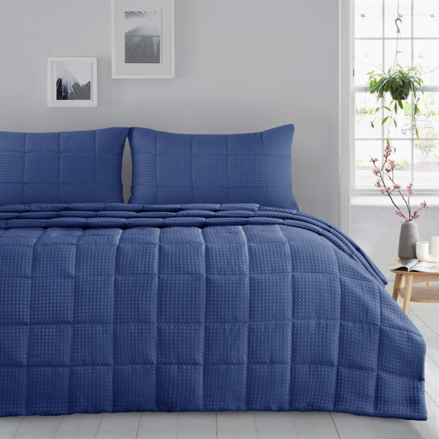 Velosso Waffle Navy Woven Bedspread Set 235 x 235cm