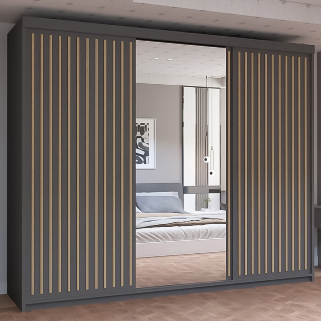 M N Furniture Roman 3 Door Grey and Oak Mirrored Sliding Wardrobe 250cm - image 1