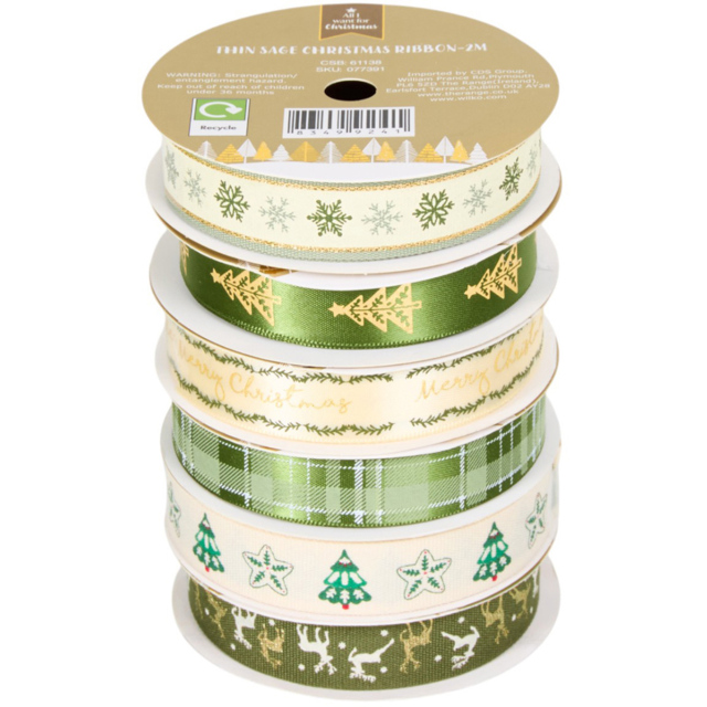 Pack of 3 Thin Sage Christmas Ribbons - Sage Green - image 1